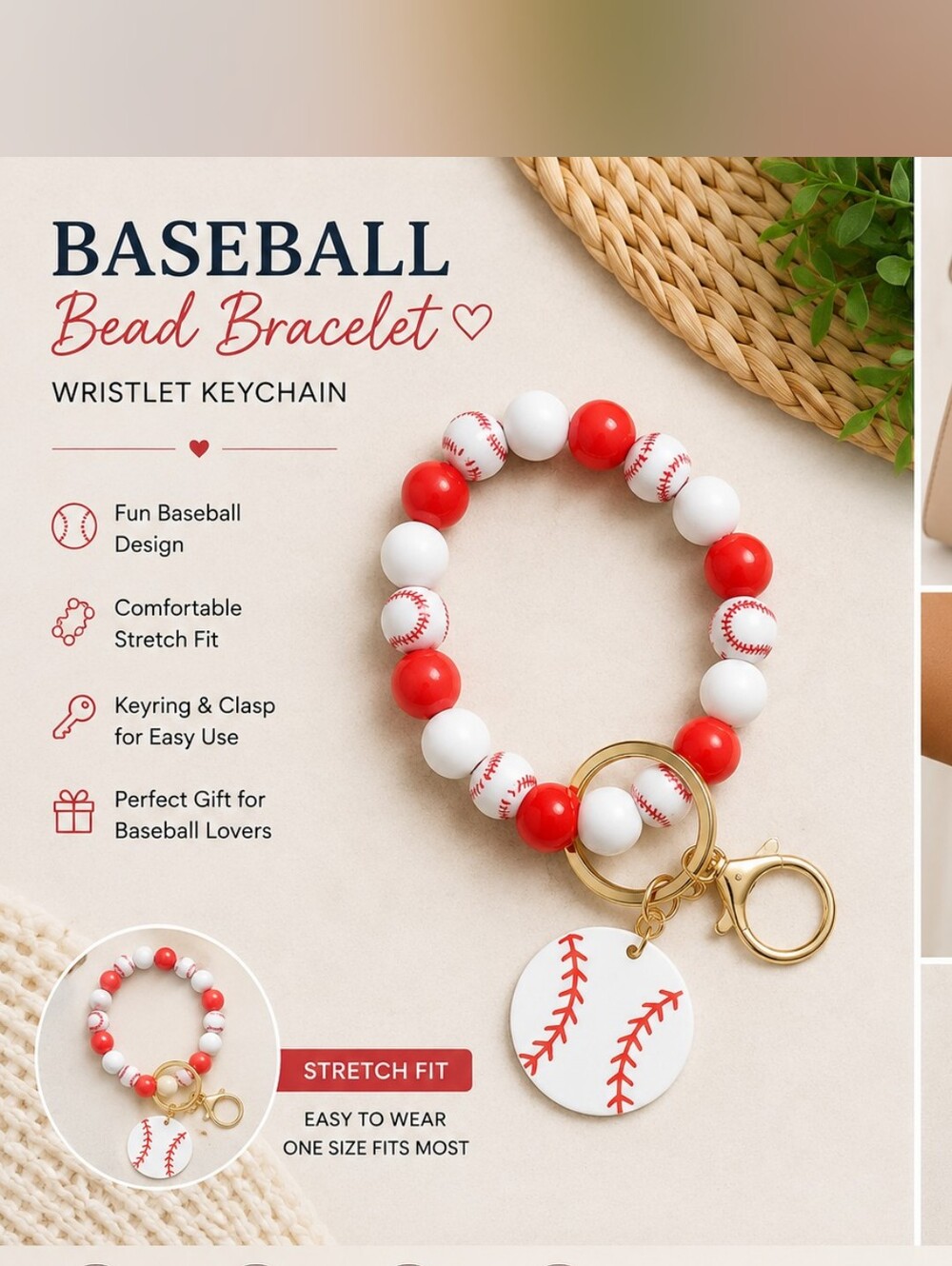 Baseball Beaded Bracelet & Keychain - Red and White